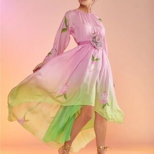 Cynthia Rowley “Bari” Silk Pink and Green Floral High Low Dress